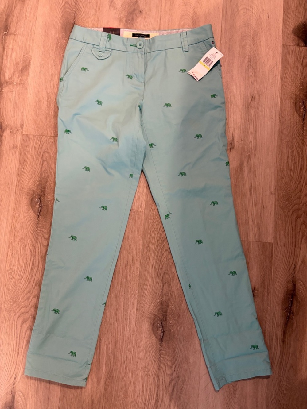 Tommy Hilfiger Light Aqua Pants with Green Elephant Embroidery